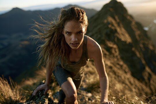 Determined young woman ascending a steep hill to symbolize resilience and perseverance