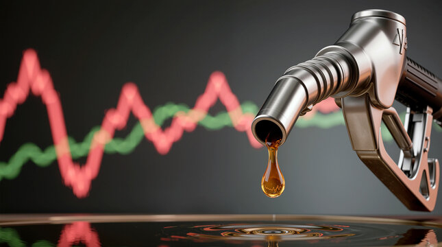 Fuel Pump Nozzle Dripping Oil Over Stock Market Chart Representing Global Energy Market Volatility and Rising Fuel Prices