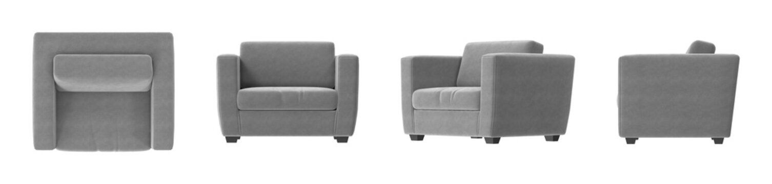 Modern gray armchair shown from multiple angles for design and decor