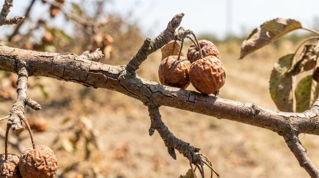 Brown seeds cling to the dry branch in the fall.
