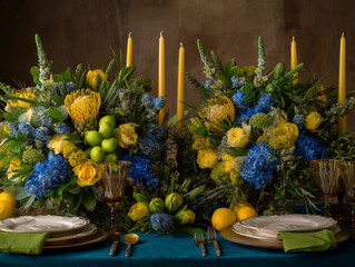 Fototapeta premium Luxury Brazil Independence Day table decoration, green and yellow floral centerpiece, blue accents, elegant candles, premium festive styling, realistic textures, studio lighting, no people, no text