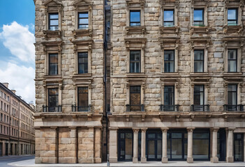 Fototapeta premium European architecture and urban street scene, old stone building facade with windows and classical columns, city life background
