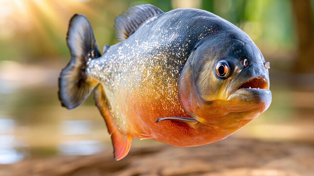 Aggressive piranha fish with sharp teeth in water