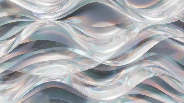 Abstract flowing glass waves with iridescent light reflections and smooth curves