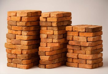 Fototapeta premium Construction and building materials, stacked red clay bricks for masonry and architectural projects, isolated on a light background