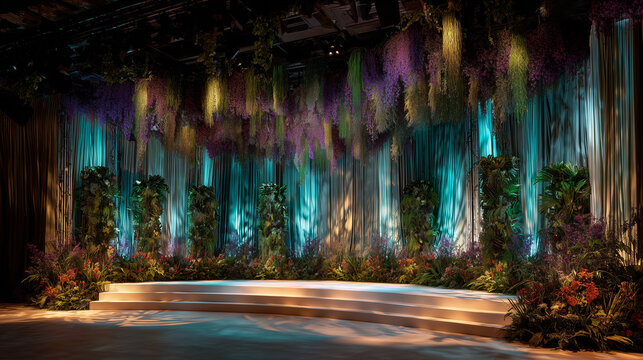 Luxury celebration stage decoration inspired by Brazil Independence Day, tropical floral installations, silk drapery, premium event design, dramatic lighting, clean background, no people