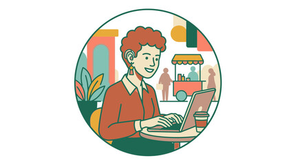 Naklejka premium Freelancer working on laptop with urban background.