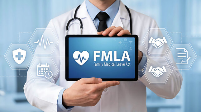 Doctor holding a digital tablet with FMLA text and medical icons in clinic