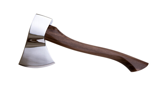 Polished steel axe head with curved wooden handle