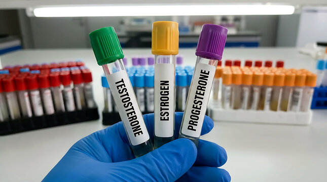 Scientist holding test tubes with testosterone, estrogen, and progesterone