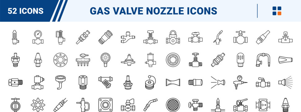 Gas Valve Nozzle line icon set. Vector pictograms of valve, nozzle, pipe, and regulator elements, thin linear illustration.