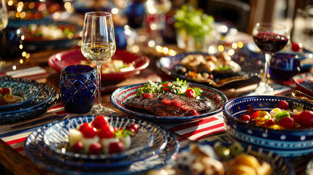 Luxury Chilean dining table featuring authentic regional specialties with elegant ceramic tableware and festive red white blue decorations, premium stock photography, no humans