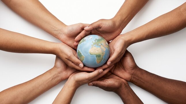 Diverse group of human hands holding and protecting the globe together symbolising unity and global peace