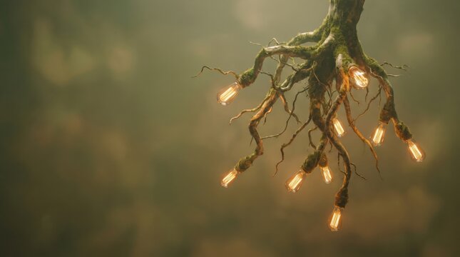 Tangled tree roots creatively transform into glowing light bulbs in ethereal forest scene