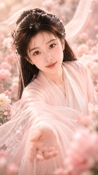 Romantic Asian Beauty in Soft Pink Hanfu Reaching Out Hand in Blooming Flower Garden, Generative AI