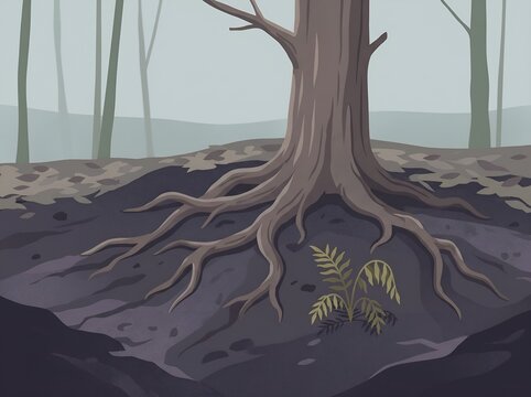 Acidic Soil Damage Around Exposed Tree Roots Causing Forest Plant Decline