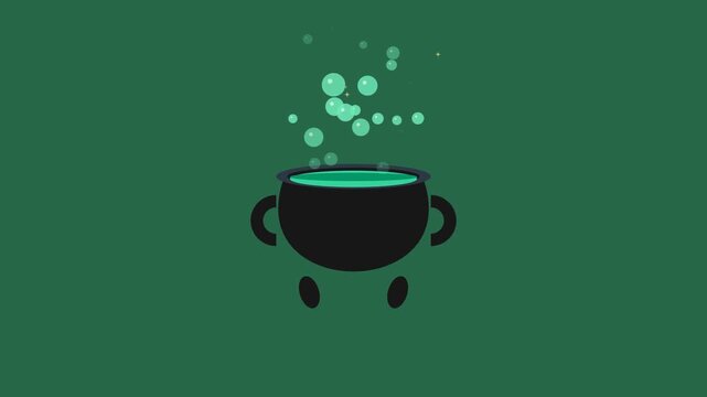 A minimalist illustration of a black cauldron with bubbling green liquid and light green bubbles rising against a dark green background.