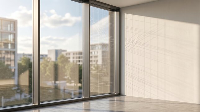 Modern office interior with large glass windows and urban city view in bright daylight
