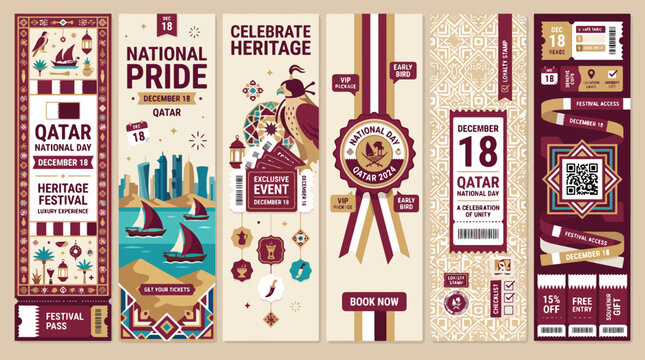 Qatar National Day vertical banners set, heritage festival event flyers with falcon and dhow boat, maroon and gold cultural posters