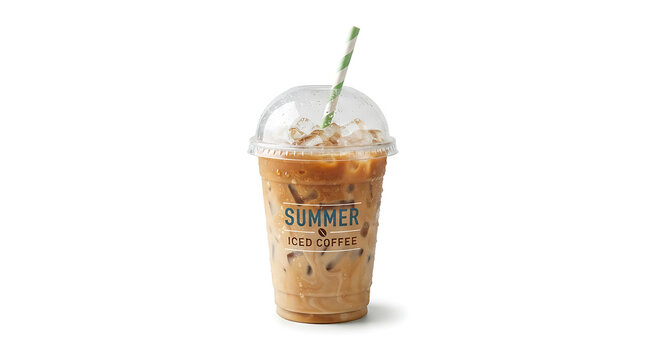 Cold brew iced coffee with straw in clear plastic cup on white background for refreshing beverage concept