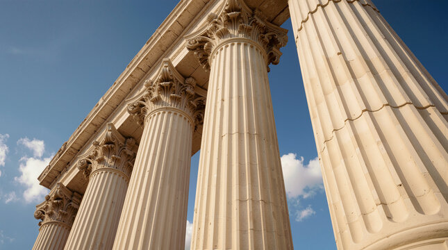 Low Angle View of Classical Corinthian Stone Columns with Ornate Capitals Against Blue Sky