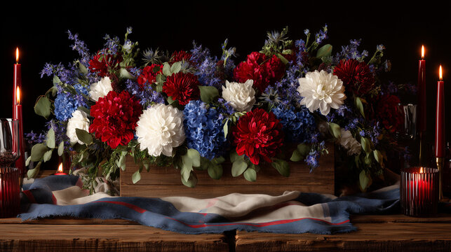 Luxury Fiestas Patrias Chile table centerpiece, elegant red white blue flowers, rustic wooden table, linen runner, candles, premium festive decoration, realistic textures, studio lighting, no people