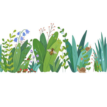 Garden grass border with insects bee snails and ants vector illustration isolated on white background
