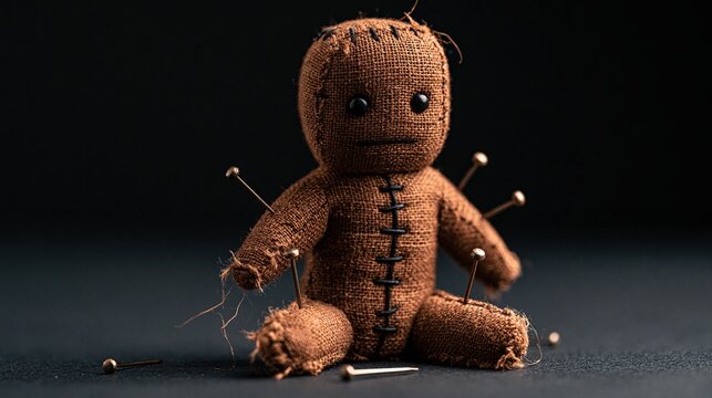 Brown voodoo doll with black eyes and pins stuck in body