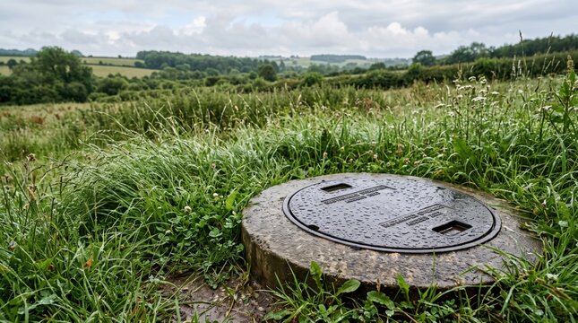 Concrete rainwater storage access hatch in a rural green field landscape.