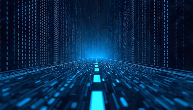 Digital binary code tunnel with glowing blue light rays creating a futuristic perspective concept for high speed internet data visualization
