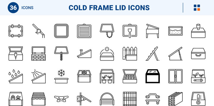 Cold frame lid line icon set. Vector pictograms of garden, greenhouse, seedling, and plant elements, thin linear illustration.