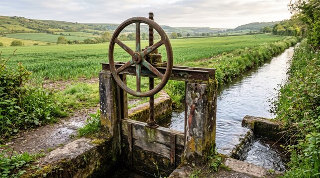 Old metal irrigation gate with hand wheel controlling water flow in a rural farm field