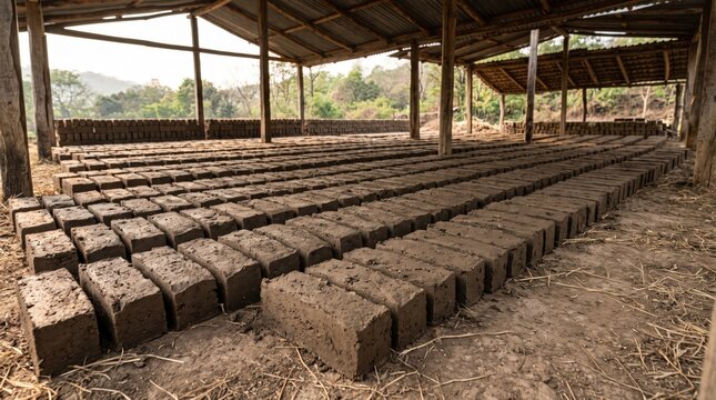 Rows of handmade mud bricks drying in a traditional open-air workshop shed