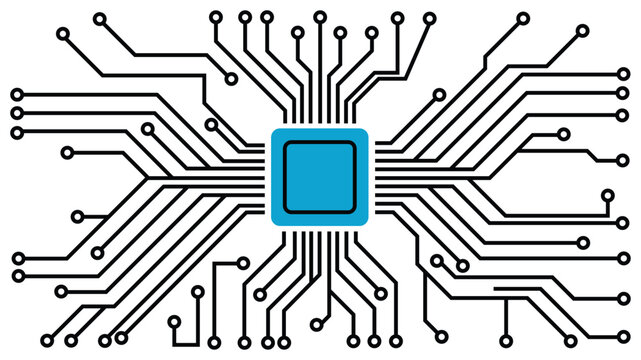 Integrated circuit chip board design featuring glowing blue center square with intricate black connection pathways forming modern digital computing network hardware on plain white background