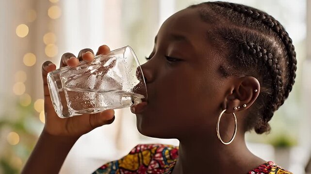 Close-up of a young Black girl with braided hair taking a refreshing sip of water from a clear glass