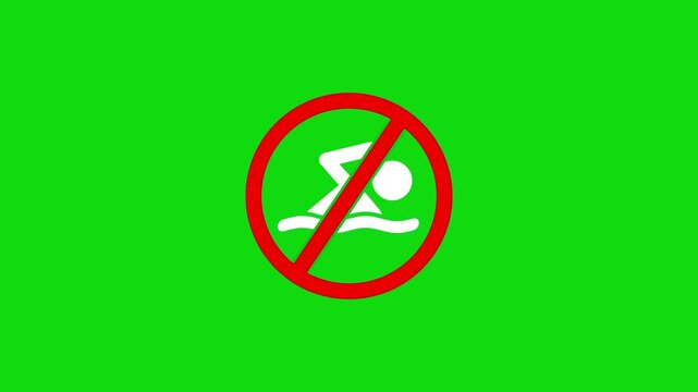  No swimming prohibition sign featuring a black swimmer silhouette crossed by a bold red diagonal line inside a red circular symbol on a clean white background.