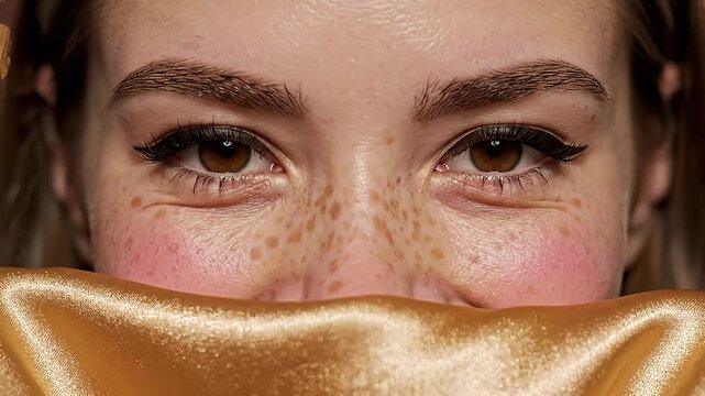 Close-up of a young woman's face with natural freckles and rosy cheeks, partially hidden