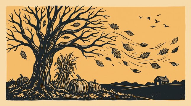 Autumn harvest with oak tree falling leaves and pumpkins woodcut print illustration for Thanksgiving background