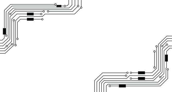 Electronic circuit board patterns featuring black digital lines and nodes on a clean white background for modern technology concepts or minimalist graphic design banner projects