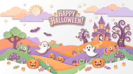Naklejka premium Whimsical scene with ghosts pumpkins and playful creatures under cheerful sky with illustration _ Happy Halloween - Halloween Festival
