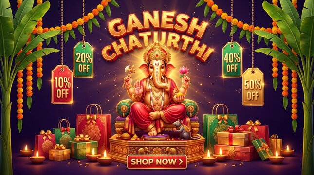 Ganesh chaturthi sale banner featuring a central ganesha idol, hanging discount price tags, gift bags, banana trees, and glowing oil lamps on a dark ... See More