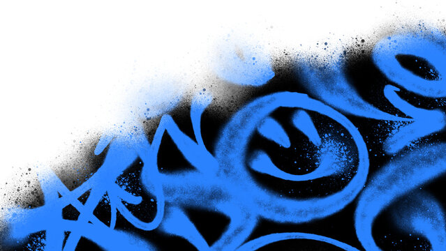 Blue and black spray paint drips border clip art with smiley face tag. Abstract aerosol graffiti tagging texture background isolated on white background for banner design.