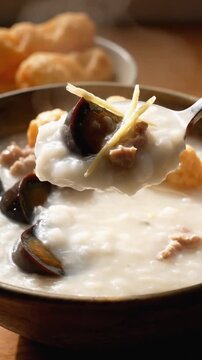 Spoon lifting hot rice congee with century egg and ginger from a steaming bowl of porridge
