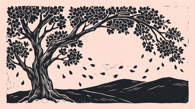 Japanese cherry blossom tree with falling sakura petals woodcut print illustration for spring nature background