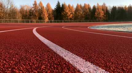 Fototapeta premium A red athletic track curves into the distance under autumn trees