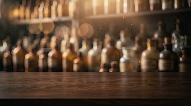 Rustic wooden table with blurred liquor bottles in bar. Warm bokeh background for product display.