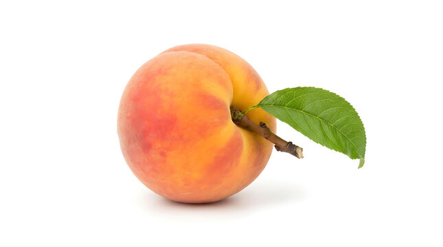 Ripe peach with fresh green leaf isolated on white background for healthy food concept