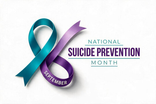 National Suicide Prevention Month banner, teal and purple awareness ribbon on white background, September mental health campaign graphic