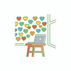 Fototapeta premium Laptop on stool surrounded by floating hearts.