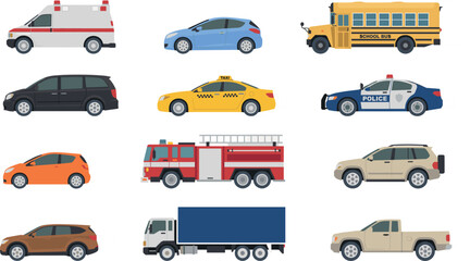 Set of city city transport vehicles vector illustrations featuring ambulance police cruiser taxi school bus fire engine cargo truck and cars isolated on white background © SARIFA